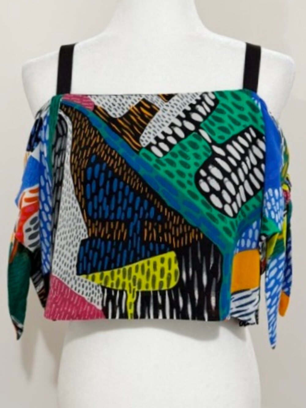 Zara Multicolor Geometric Cold Shoulder Crop Top Tie Sleeves Women's Size L
